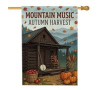 Drapeau rustique pour maison en rondins de 71 x 101 cm | Banjo et violon, drapeau de pelouse, feuilles tombantes, récolte de citrouilles, paysage de montagne rustique