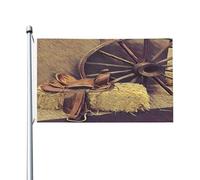 Drapeau rustique Western Country Wagon Wheel Horse Saddle 3x5 pieds côté extérieur grande bannière, drapeaux extérieurs suspendus à double couture pour panneau de cour jardin pelouse fournitures de fê