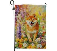 Drapeau Shiba Chien Des Champs De Fleurs Colorées Drapeau De Bienvenue Renforcé Avec Décoratif Drapeaux, Pour Les Bureaux, D'Intérieur, Les Défilés, 30x45cm