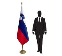 Drapeau Slovénie avec mât et pied en inox - drapeau institutionnel pour missions diplomatiques, mairies, chambres de commerce. Pied Ø 315mm, inox finition dorée, hampe pointe ronde. Code CN6-SI