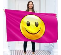 Drapeau Smiley Rose - Drapeau Amusant - Bannière Visage Smiley - Polyester 110D - Double Couture - 4 œillets en laiton - Grand 1,5 m x 0,9 m