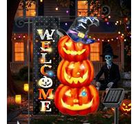 Drapeau solaire de jardin lumineux pour Halloween, 30,5 x 45,7 cm, double face, décoration extérieure avec 8 modes, citrouilles de bienvenue d'Halloween de forme unique pour maison, porche, cour