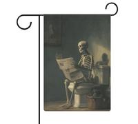 Drapeau squelette assis sur une toilette pour lire le jardin en toile de jute double face 30,5 x 45,7 cm