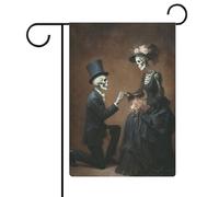 Drapeau squelette masculin agenouillé femme se marier jardin saisonnier vacances toile de jute double face maison cour drapeaux extérieur 30,5 x 45,7 cm