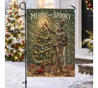 Drapeau squelette Merry And Spooky - 30,5 x 45,7 cm | Compagnon teckel, drapeau de cour, ornements de crâne, échelle de vacances, décoration saisonnière de la maison