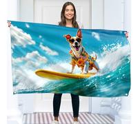 Drapeau Surf Chien - Grand Drapeau Humoristique - Polyester 110D - Double Couture - 4 Oeillets Laiton - Grand 90x150cm (5x3pieds)