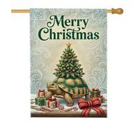 Drapeau tortue de Noël 71,1 x 101,6 cm | Tortue portant un sapin de Noël, un drapeau de cour, des boîtes cadeaux festives, un fond élégant, une décoration de jardin