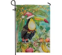 Drapeau toucan de jardin, chapeau de Noël tropical festif, fruits de Noël, vert, double face, petit drapeau de jardin, cour, pour extérieur, terrasse, pelouse, porche, balcon, 30,5 x 45,7 cm