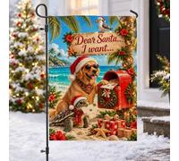 Drapeau tropical de Noël chien et tortue Golden Retriever 30,5 x 45,7 cm | Plage tropicale, drapeau de cour, tortue de mer, chapeau de Père Noël, décoration de boîte aux lettres, fleurs d'hibiscus