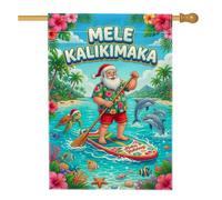 Drapeau tropical hawaïen avec citation du Père Noël 71 x 101 cm | Thème tropical, drapeau de cour, fleurs d'hibiscus, tortue de mer, Père Noël surfant, décoration de vacances sur l'île