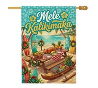Drapeau tropical hawaïen de Noël sur le thème de la plage, planche de surf | Scène de plage tropicale, drapeau de pelouse, thème vacances hawaïennes, décoration de terrasse extérieure