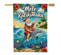 Drapeau tropical Père Noël dauphin Citation de Noël Maison de Noël 71 x | Père Noël tropical, drapeau de pelouse, cavalier de dauphin, fleurs d'hibiscus, palmiers, thème vacances côtières