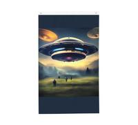 Drapeau UFO Landing 0,9 x 1,5 m. Impression double face, vertical, tissu 100 % polyester, couleurs vives et durables.