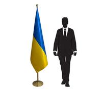 Drapeau Ukraine 100x150 cm avec mât et socle en acier inoxydable finition dorée - Présentation intérieure pour institutions, cérémonies et espaces officiels. Code CN6-UA