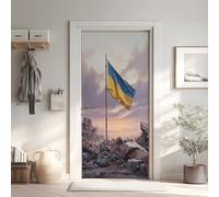 Drapeau Ukrainien Stickers pour 3D Imperméable Auto-Adhésif, Ruine PVC Poster de Porte, Patriotique Stickers de Porte Papier Peint 95x205 cm