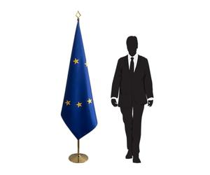 Drapeau Union Européenne sur pied avec hampe élégante et socle - symbole de coopération, unité et prestige pour bureaux, événements, conférences et décorations. Code CN6-UE-L