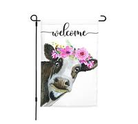 Drapeau Vache Aquarelle, Fleurs Roses, Animal, Fleur Drapeau De Bienvenue Lavable Couleurs Resistant Exterieur Bannière, Pour Les Bureaux, Les Défilés, Balcon, 30x45cm
