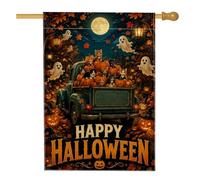 Drapeau vintage avec chatons d'Halloween dans une maison de camion 71,1 x | Camion vintage, drapeau de pelouse, fantômes flottants, citrouilles de récolte, pleine lune, feuilles d'automne