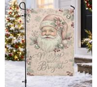Drapeau vintage avec citation du Père Noël Merry And Bright 30,5 x 45,7 cm | Décorations florales poinsettia, drapeau de cour, motif flocon de neige d'hiver, esthétique vintage, décoration de porche de