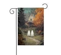 Drapeau vintage avec fantômes sur le chemin de la forêt - 30 x 45 cm - Vertical double face - Décoration extérieure de ferme - Drapeau de cour