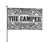 Drapeau vintage avec inscription « What Happens At The Camper Stays At The Camper » - Drapeaux amusants pour décoration extérieure (60 x 90 cm)