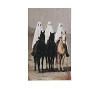 Drapeau vintage avec trois fantômes chevaux, cour, maison, bannière de vœux avec œillets, décoration d'intérieur ou d'extérieur