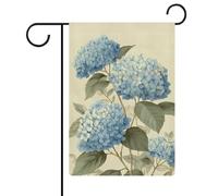 Drapeau vintage botanique bleu hortensia bouquet de fleurs de jardin saisonnières vacances toile de jute double face maison cour extérieur drapeaux 30,5 x 45,7 cm