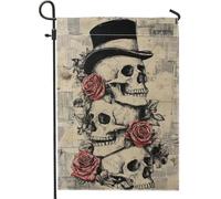 Drapeau vintage de jardin en toile de jute double face avec tête de mort et rose, bannière de décoration florale gothique beige pour décoration extérieure d'Halloween, 30,5 x 45,7 cm