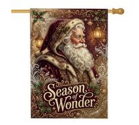 Drapeau vintage de la saison des merveilles de Noël 71 x 101 cm | Illustration vintage du Père Noël, drapeau de cour, volutes en filigrane doré, accents de baies de houx
