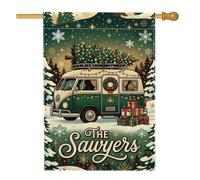 Drapeau vintage de Noël pour camping van maison 71,1 x 101,6 cm | Van de camping vintage, drapeau de pelouse, pin décoré, boîtes cadeaux, thème du pays des merveilles d'hiver