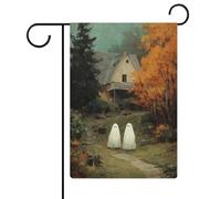 Drapeau vintage fantômes sur un chemin forestier - Pour maison, jardin, vacances saisonnières - Double face - 30,5 x 45,7 cm