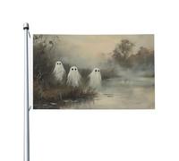 Drapeau vintage mignon fantôme debout près de la rive de la cour, bannière de vœux de saison avec œillets, décoration d'intérieur ou d'extérieur