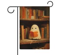 Drapeau vintage mignon fantôme lisant dans la bibliothèque drapeau de jardin saisonnier vacances toile de jute double face maison cour drapeaux extérieurs 30,5 x 45,7 cm