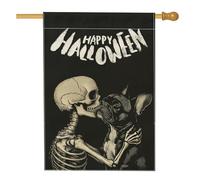 Drapeau vintage pour Halloween, bouledogue français, cour, cour, cour, cour, maison, 71,1 x 101,6 cm, double face pour extérieur, tête de mort effrayant gothique chiot imprimé pour la maison