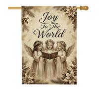 Drapeau vintage pour maison de Noël Chœur d'anges Joy To The World Angels | Anges chantants, drapeau de pelouse, fleurs de poinsettia, aiguilles de pin, thème religieux, esthétique vintage