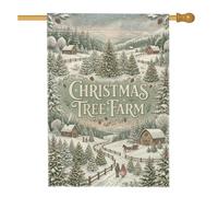 Drapeau vintage pour sapin de Noël 71,1 x 101,6 cm | Paysage d'hiver, drapeau de pelouse, illustration vintage, cabane rustique, traîneau tiré par des chevaux