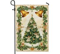 Drapeau vintage vert pour sapin de Noël, décoration de vacances avec cloches et anges, bannière double face en toile de jute pour décoration de pelouse extérieure, 30,5 x 45,7 cm