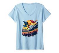 Drapeau Volant Section Ventilateur T-Shirt avec Col en V, Femme, Bleu Céleste, XXL