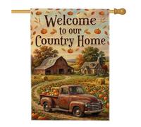 Drapeau « Welcome Country Home » - Camion - Automne - 71 x 101 cm | Scène de ferme rustique, drapeau de pelouse, thème saison des récoltes, atmosphère chaleureuse et confortable