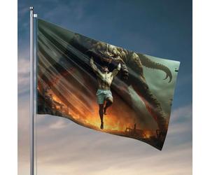 Drapeaux à accrocher dans votre chambre, un homme mus st soulevé par un monstre géant dans une ville brûlante, décoration d'intérieur pour homme (120 x 180 cm)