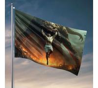 Drapeaux à accrocher dans votre chambre, un homme mus st soulevé par un monstre géant dans une ville brûlante, décoration d'intérieur pour homme (60 x 90 cm)