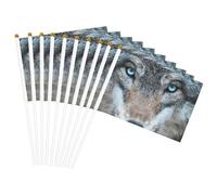 Drapeaux à main polyvalents avec imprimé loup aux yeux bleus pour fête, défilé, célébration, vacances, mariage, décoration d'intérieur