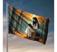 Drapeaux amusants « A Woman In A White Dress Sits On A Stack Of Books Reading In A Autumn Forest » Drapeau Décorations de porte de chambre à coucher Drapeaux cool pour les gars de chambre (60 x 90 cm)