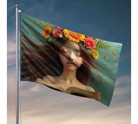 Drapeaux amusants « A Woman With Flowers In Her Hair Holding An Open Book » Drapeau cool Flags Room Guys Funny Gifts for Boss (60 x 90 cm)