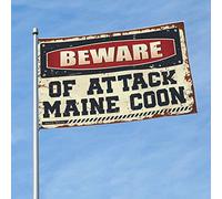 Drapeaux amusants « Beware of Attack » du Maine Coon - Drapeaux amusants pour dortoir - Décoration de grotte pour homme (120 x 180 cm)