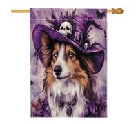 Drapeaux amusants d'Halloween pour maison de chien de sorcière Shetland Sheepdog 71,1 x 101,6 cm double face pour extérieur, chapeau de magicien, chiot en lin vertical, drapeau pour la maison, drapeau