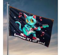 Drapeaux amusants pour chambre les gars, un chat de dessin animé jouant d'une guitare électrique avec des notes de musique autour de lui, drapeau de maison d'hiver, drapeaux cool (152 x 244 cm)