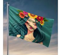 Drapeaux amusants pour dortoir, une femme avec de longs cheveux verts ornés de fleurs colorées, décoration de cour, décoration de camping (30 x 45 cm)