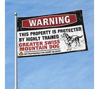 Drapeaux amusants pour dortoir universitaire Avertissement This Property Is Protected By A Highly Trained Greater Swiss Mountain Dog Flag Stuff Panneau de bienvenue pour porche debout (30 x 45 cm)
