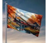 Drapeaux amusants pour dortoir universitaire filles train à vapeur traversant le pont d'automne avec cygnes dans le drapeau de la rivière, drapeaux étranges pour adolescents (60 x 90 cm)